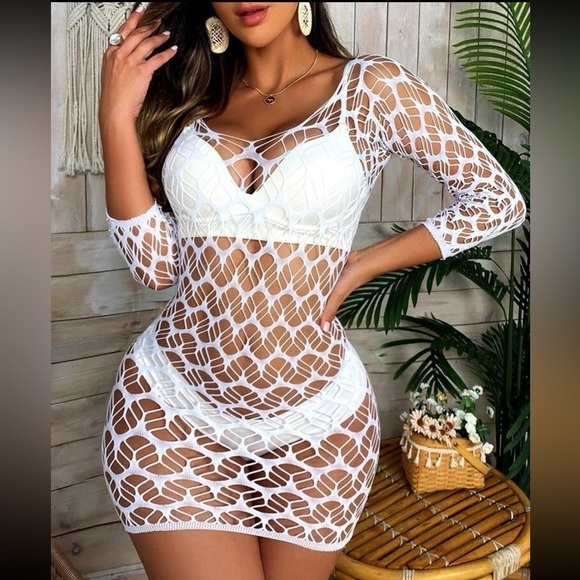 White Crochet Fishnet Mesh Bikini Coverup - Picture 3 of 3